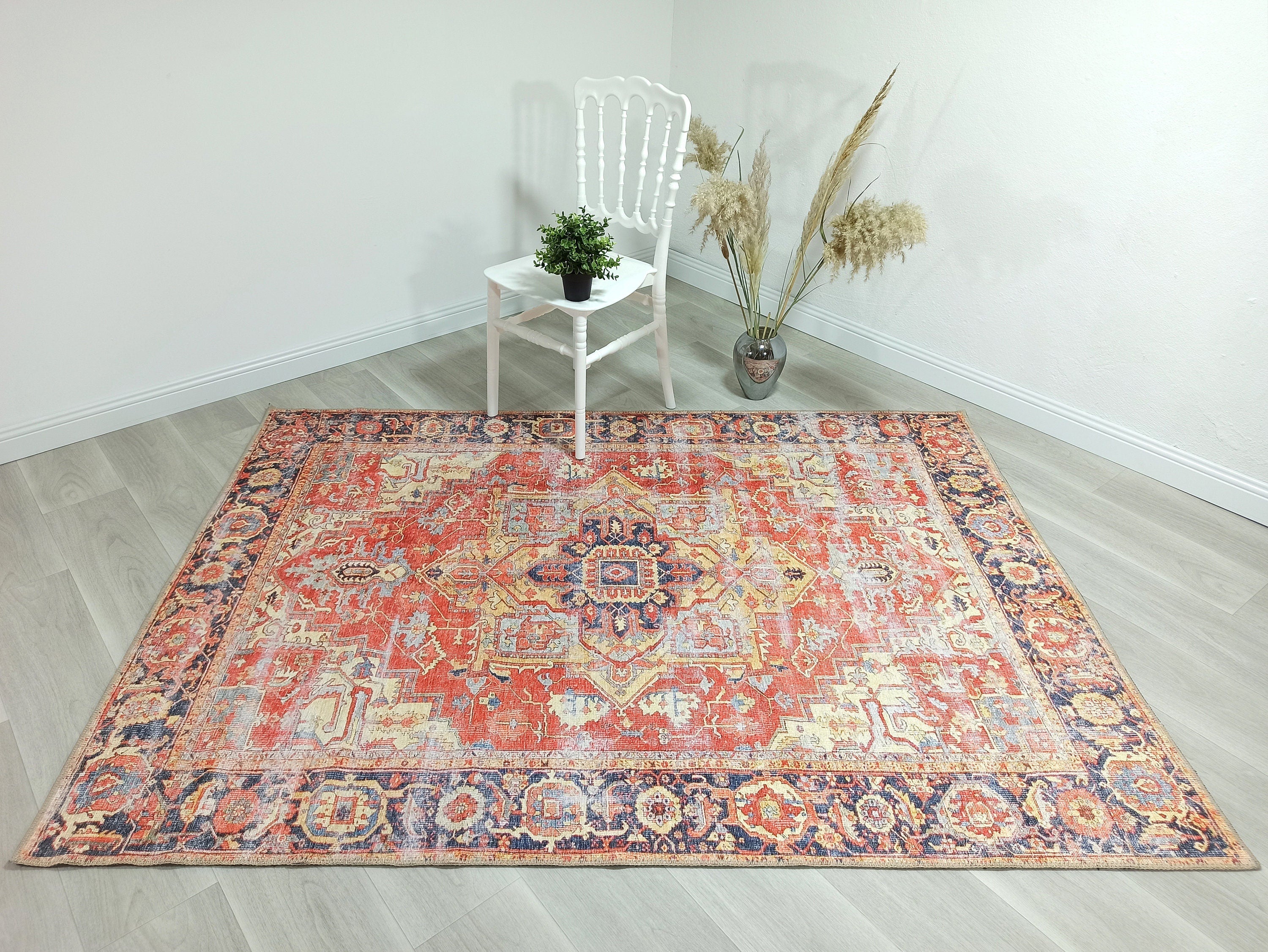 Karine Yellow Burnt Orange Distressed Vintage Persian Rug