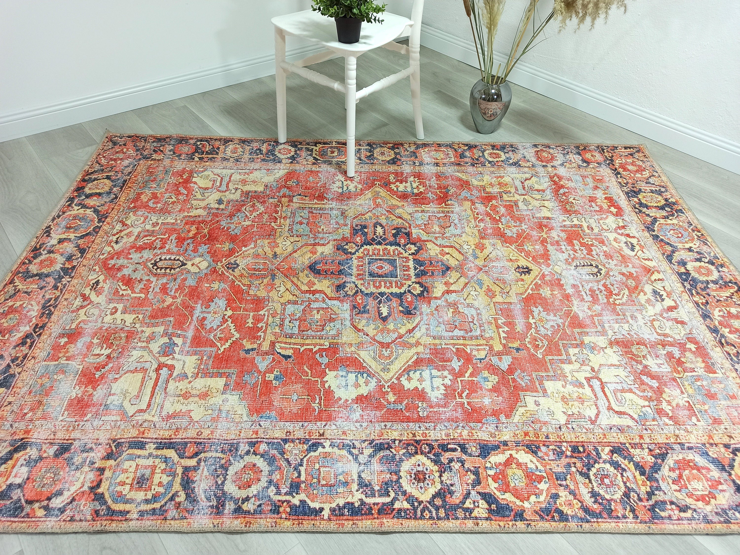 Karine Yellow Burnt Orange Distressed Vintage Persian Rug