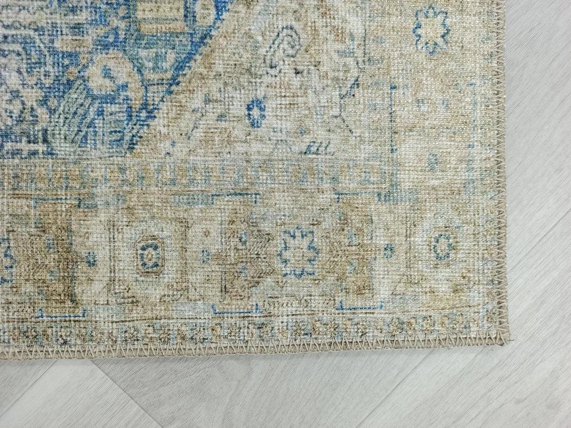 Vova Rug Neutral Turkish Beige Green Faded Blue Medallion Rug