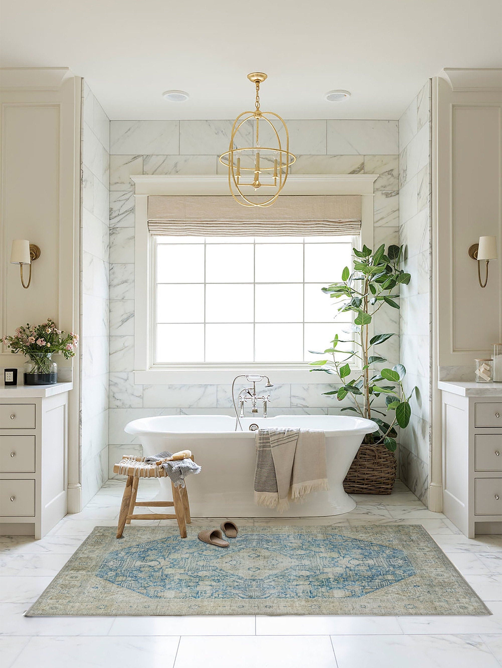 Vova Rug Neutral Turkish Beige Green Faded Blue Medallion Rug