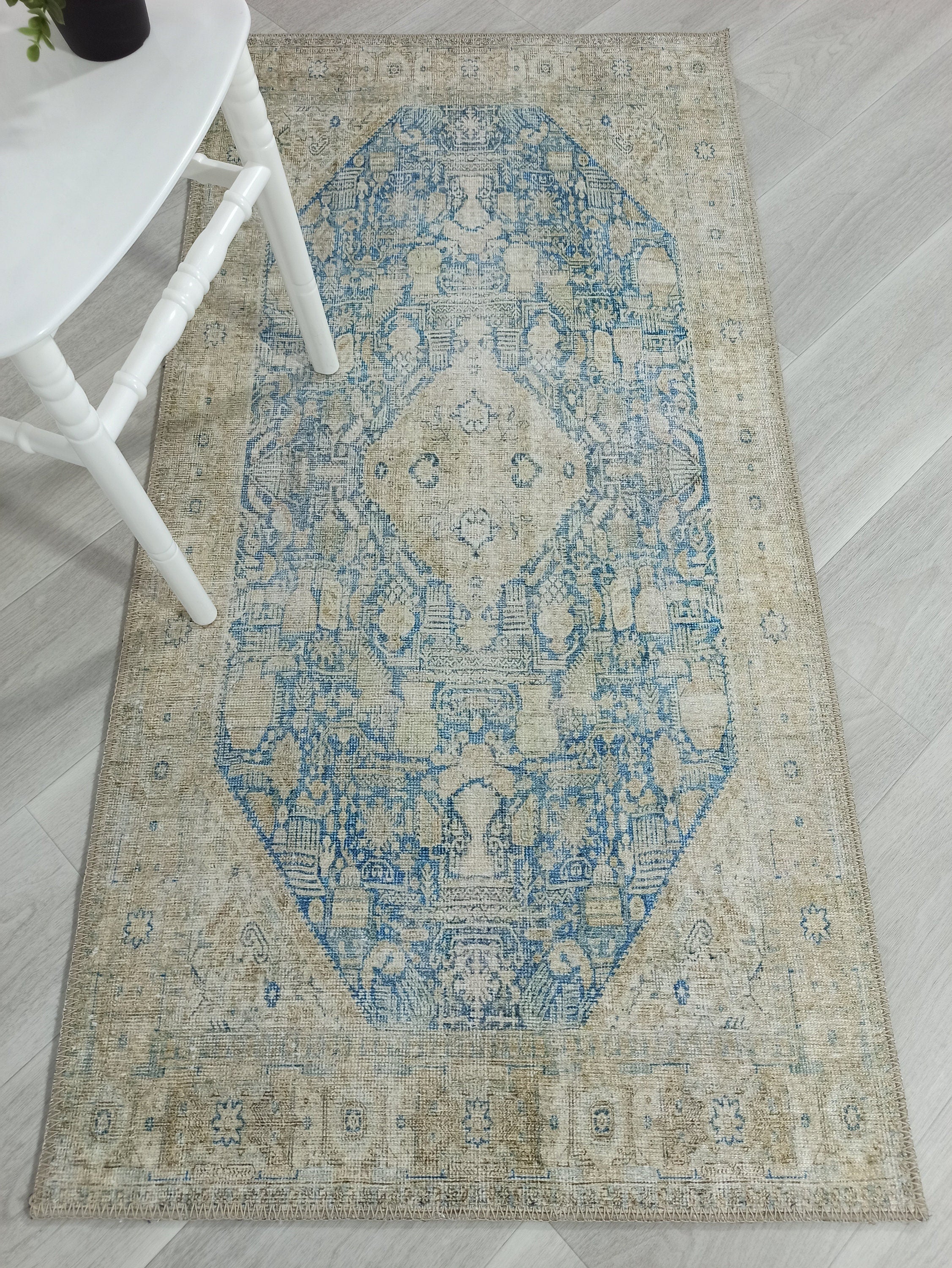 Vova Rug Neutral Turkish Beige Green Faded Blue Medallion Rug