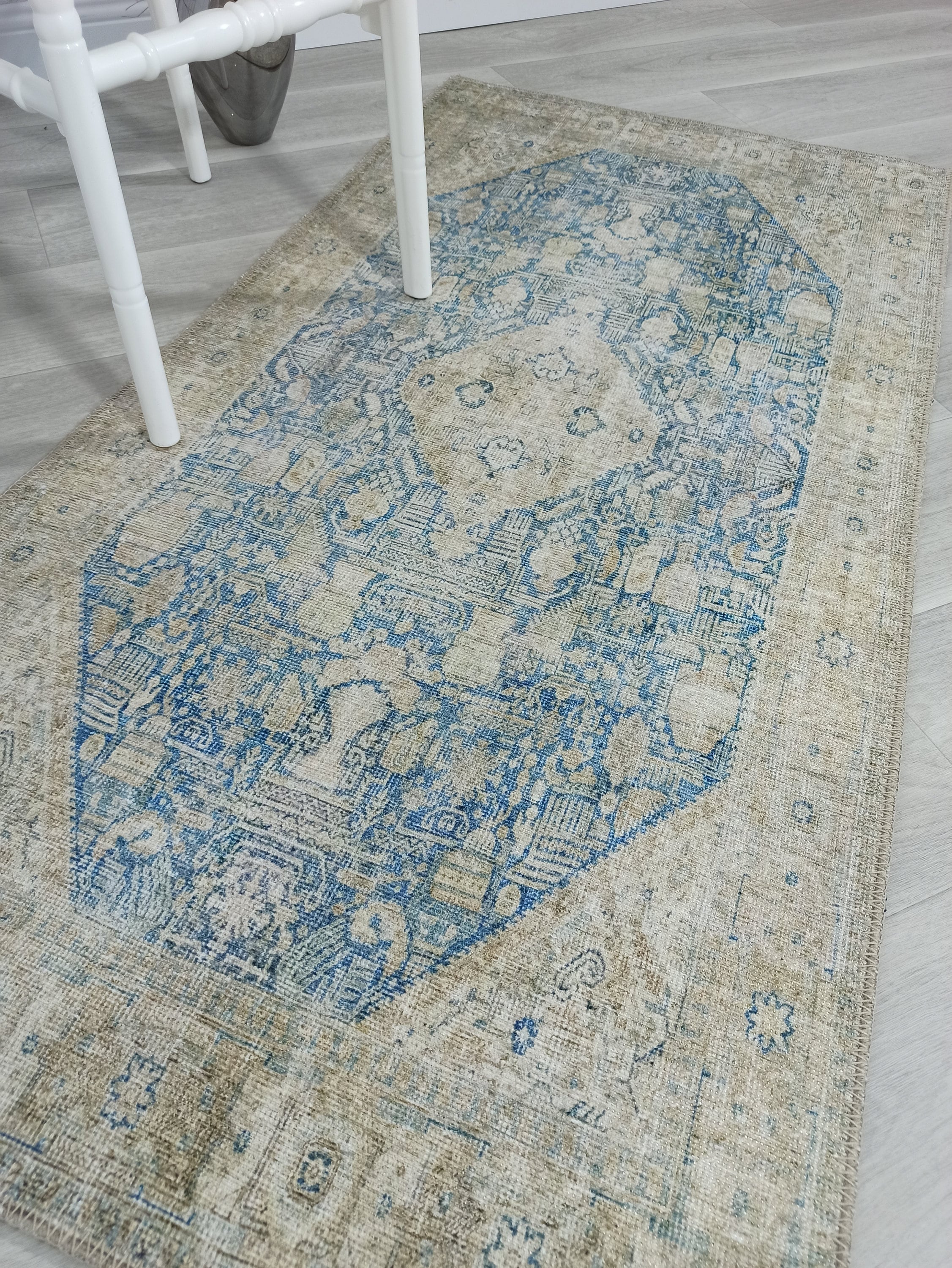 Vova Rug Neutral Turkish Beige Green Faded Blue Medallion Rug