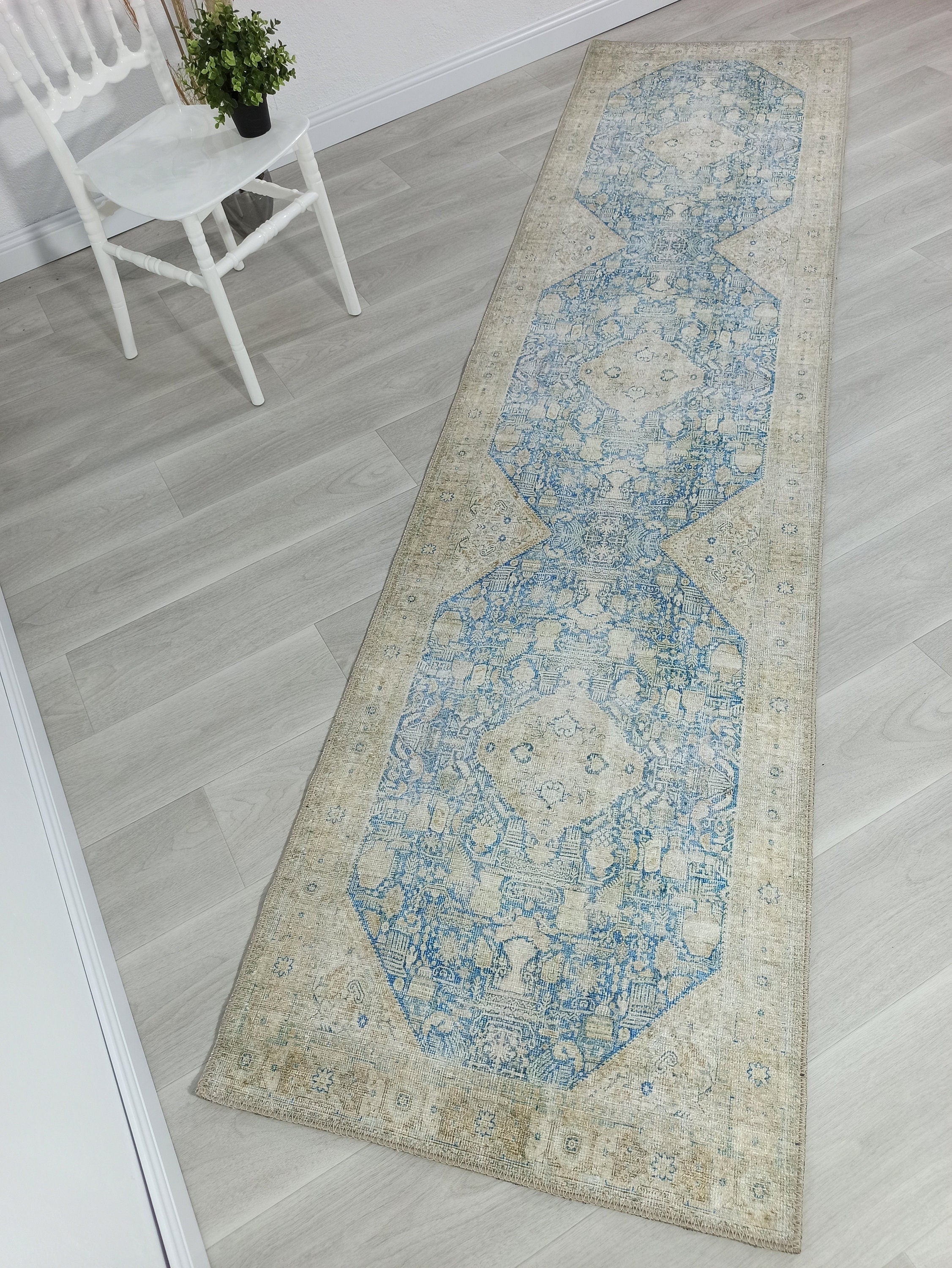 Vova Rug Neutral Turkish Beige Green Faded Blue Medallion Rug