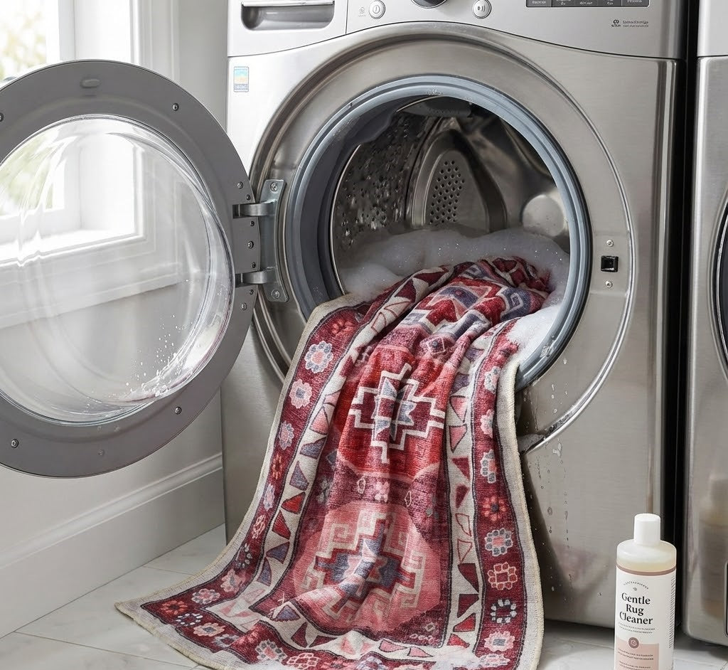 Laundry scene with a patterned towel inside an open dryer and a bottle of detergent on a white floor.
