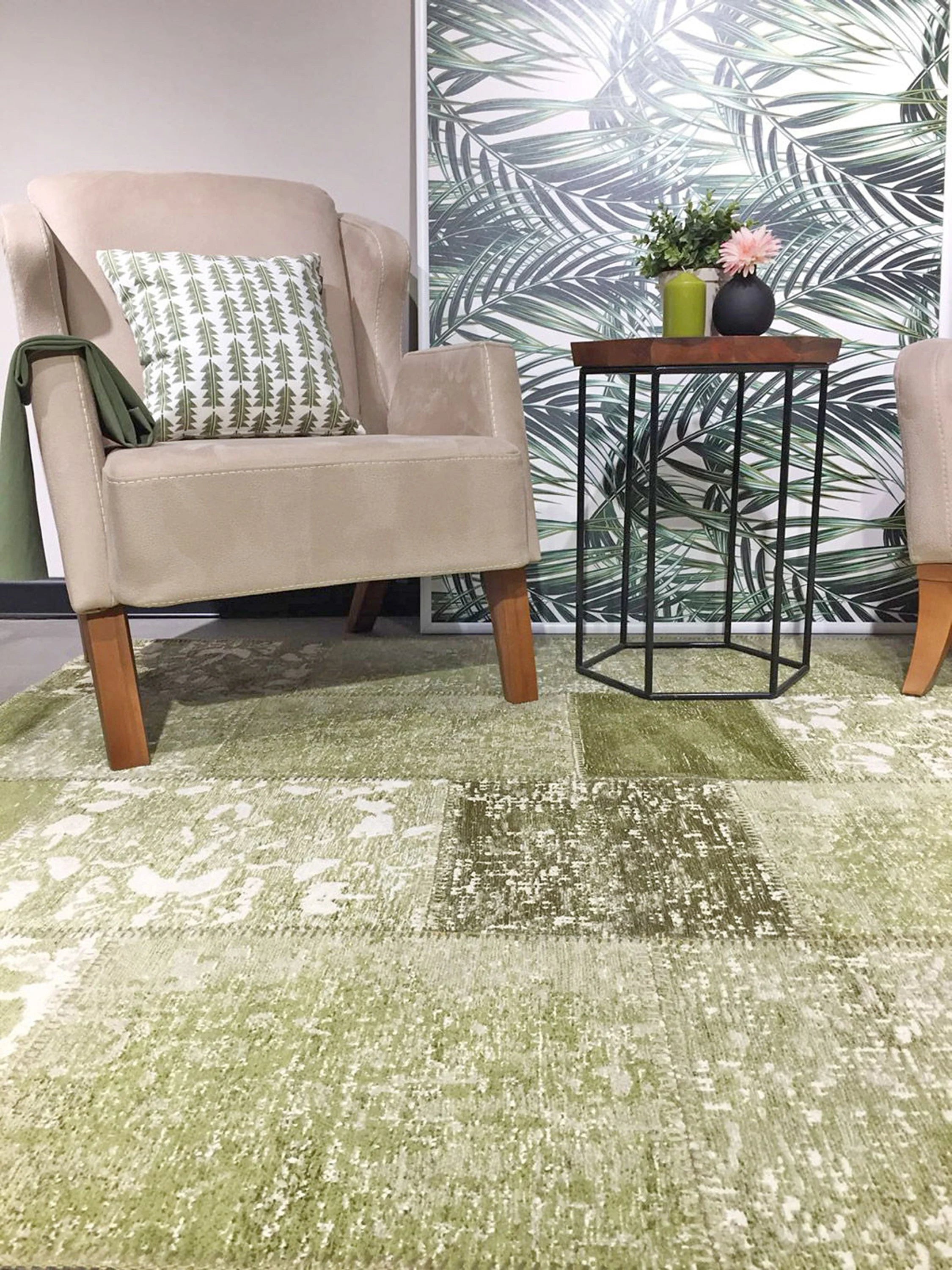 Zayla Lime Distressed Patchwork Turkish Rug