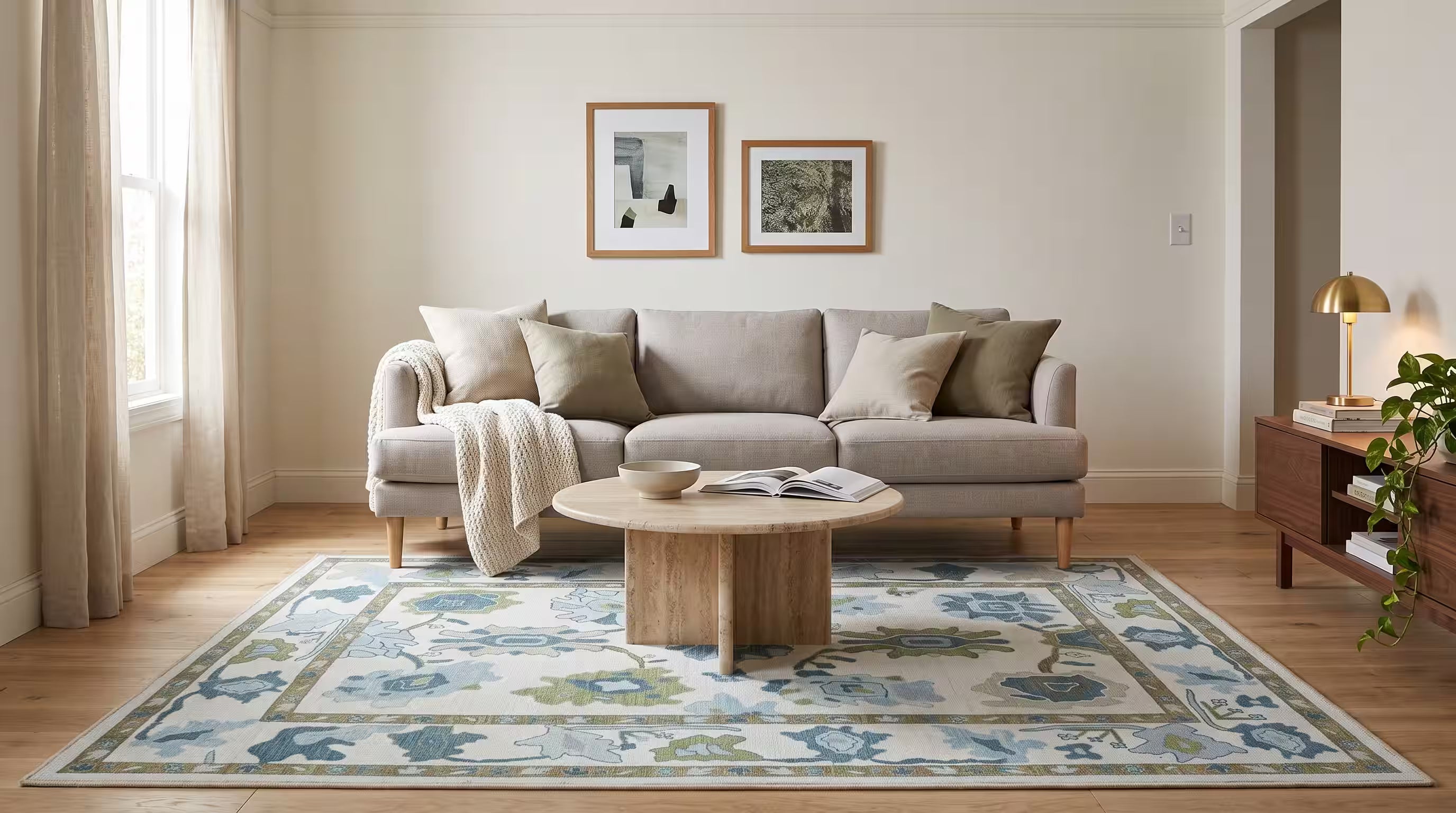 A styled living room featuring a large rectangular area rug with a blue and green botanical pattern on a cream background. The rug is styled under a light gray fabric sofa with a round wooden coffee table in front of it.