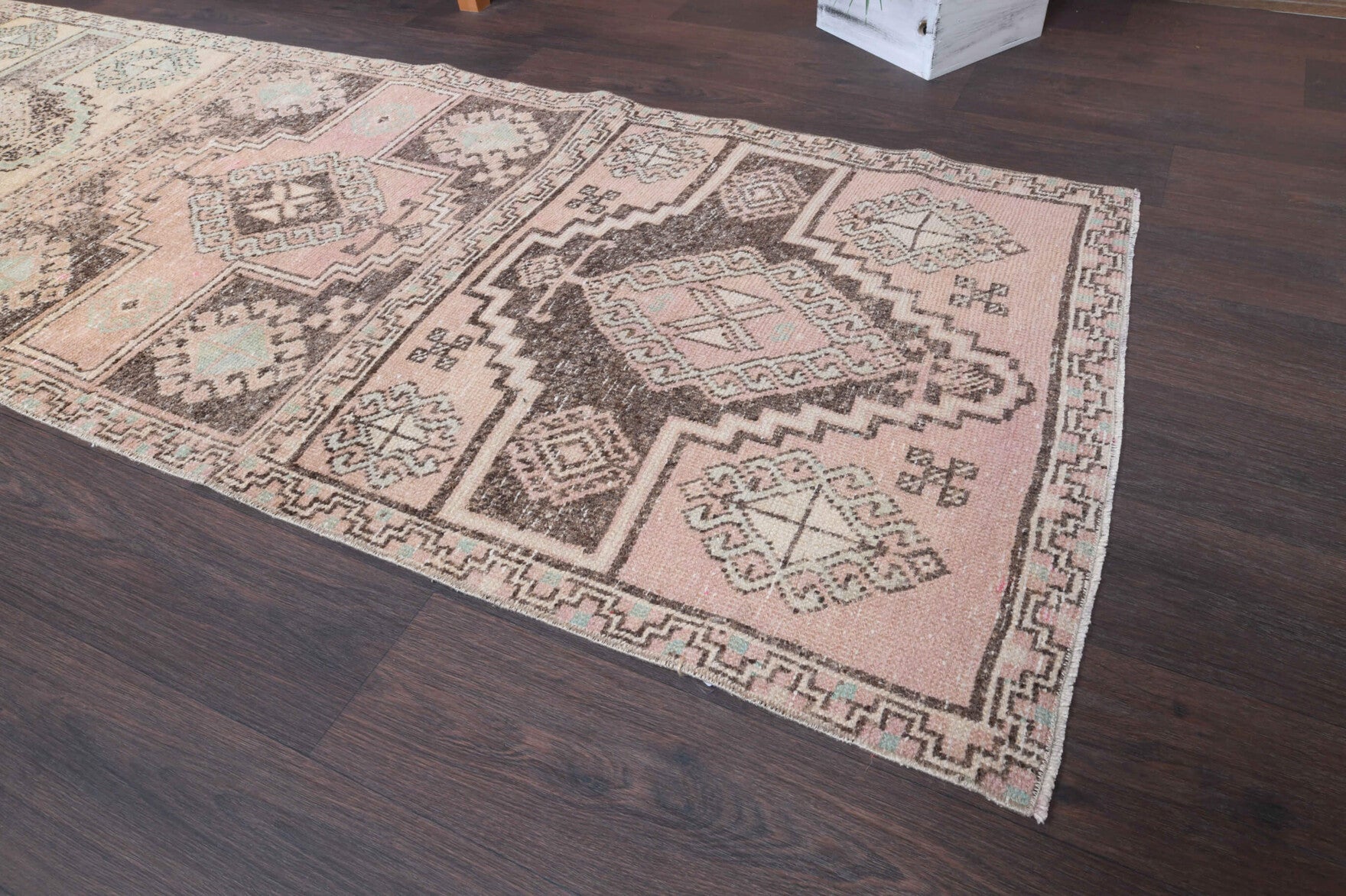 Hemerophora runner: 1950s handmade Anatolian runner with oriental motifs and cotton backing