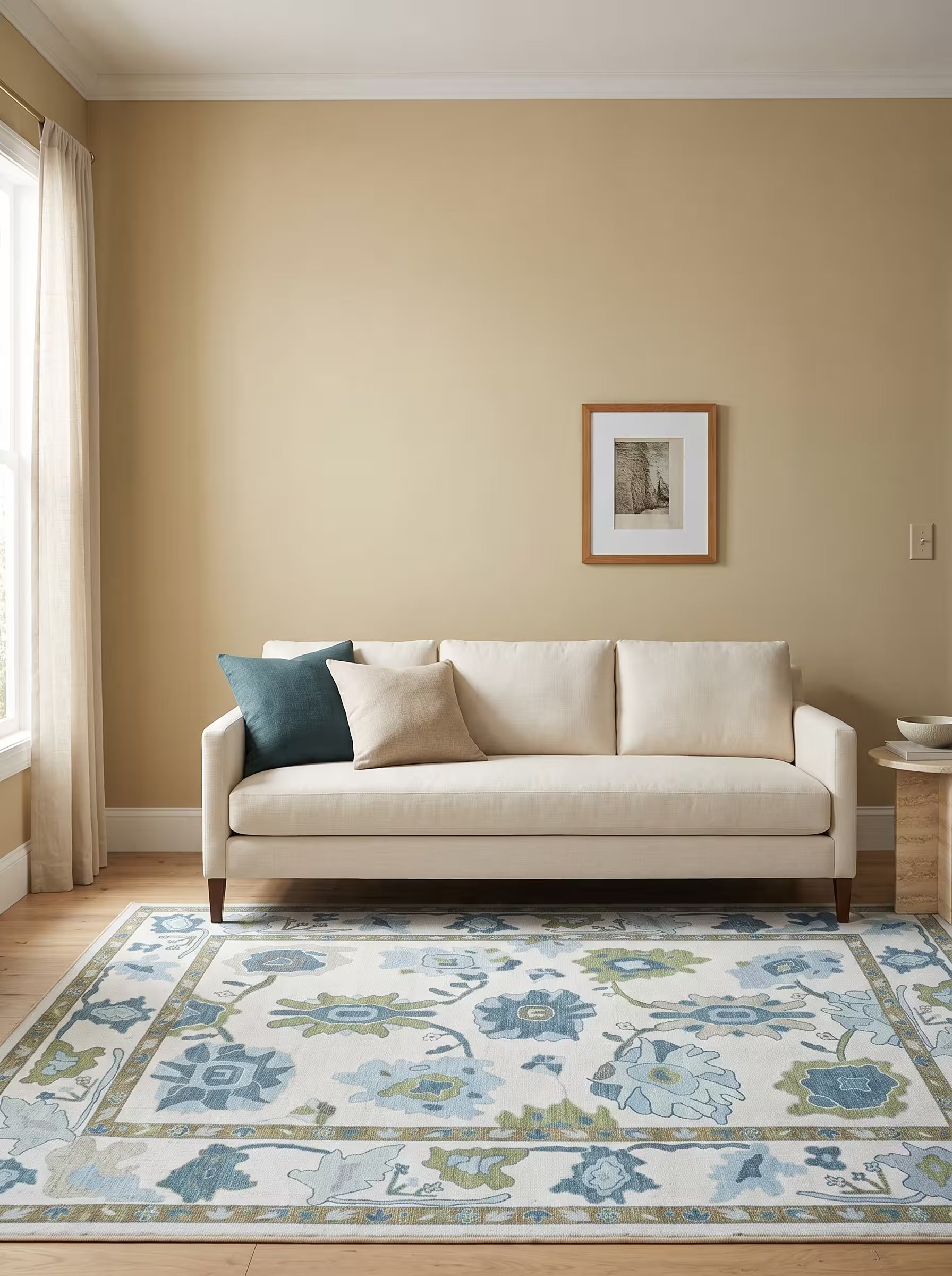 Ivory area rug with teal and turquoise motifs in a living room with warm beige painted walls