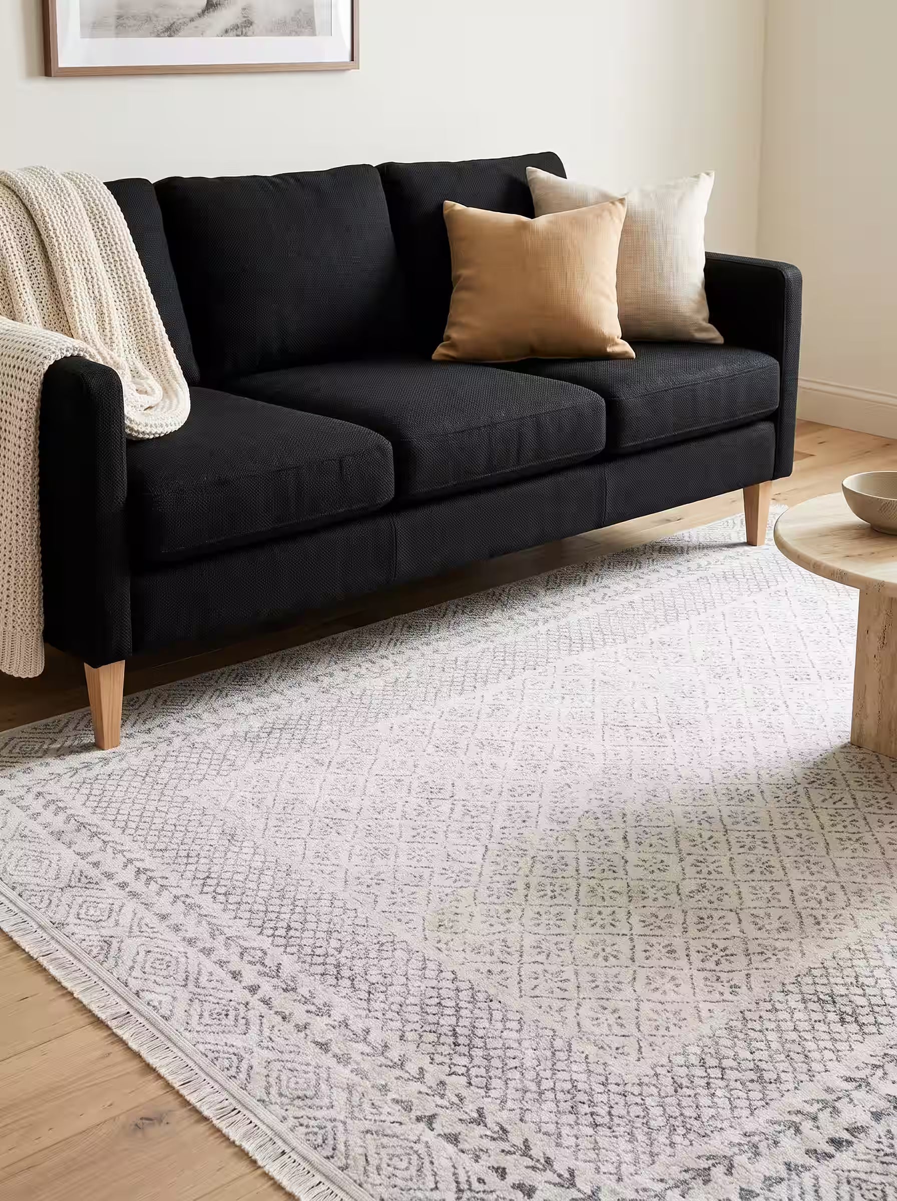 Ivory and light grey area rug paired with a black fabric sofa in a modern living room