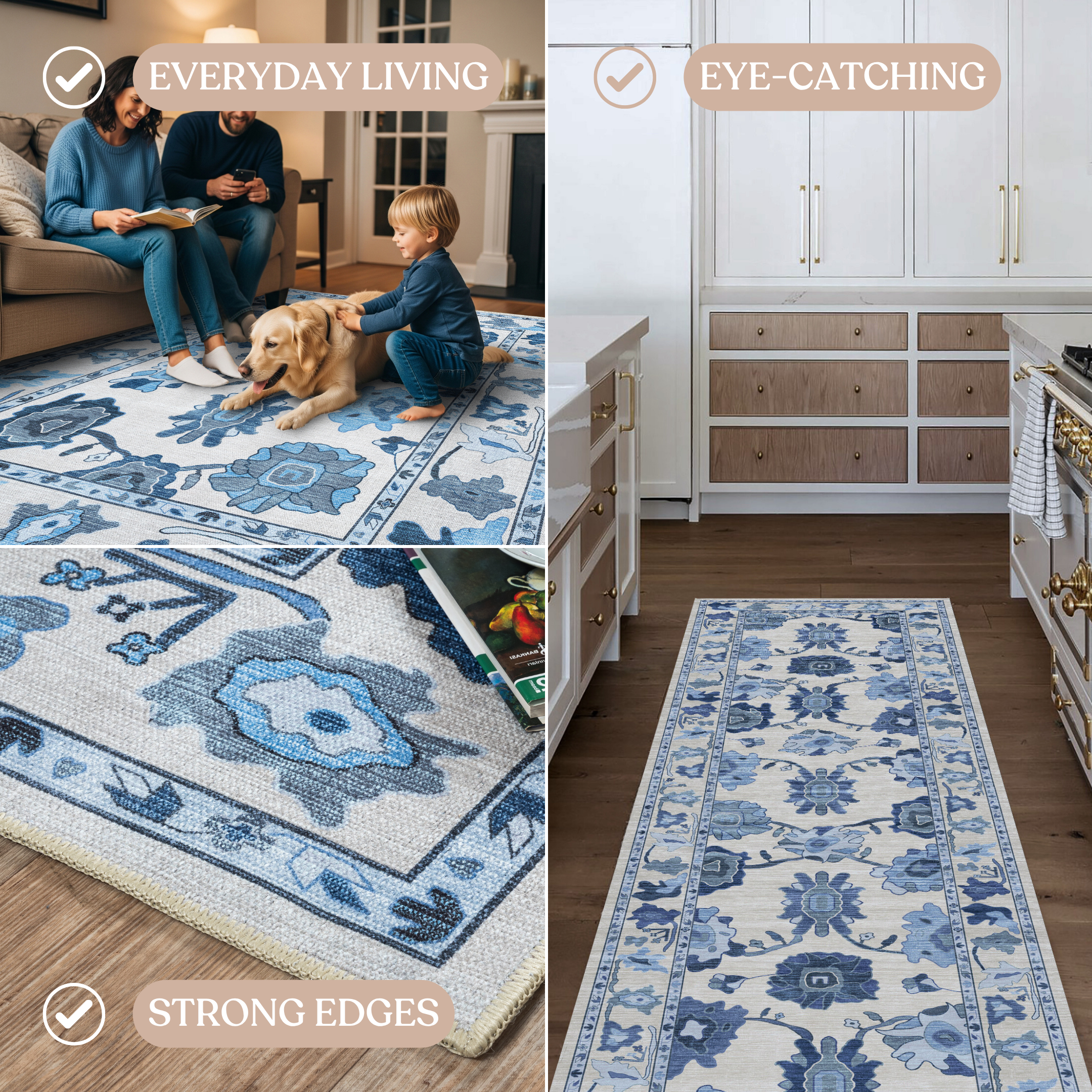 Ellis Navy Blue White Modern Floral Oushak Rug