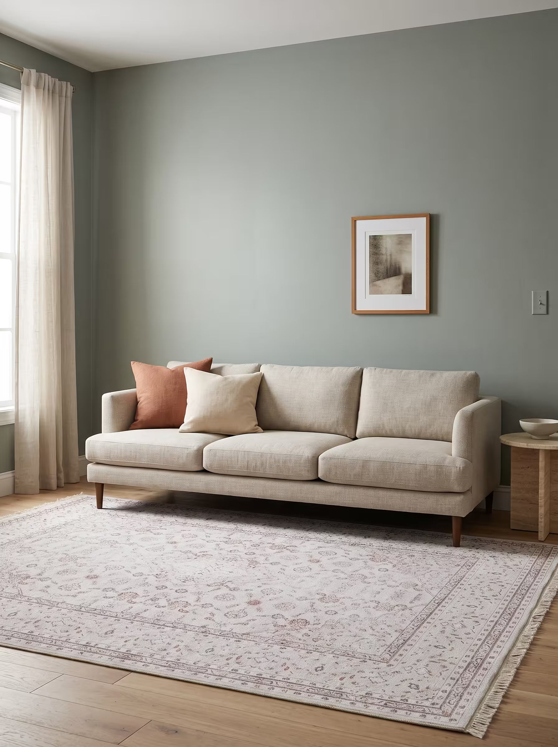Cream and terracotta area rug in a living room with sage green painted walls