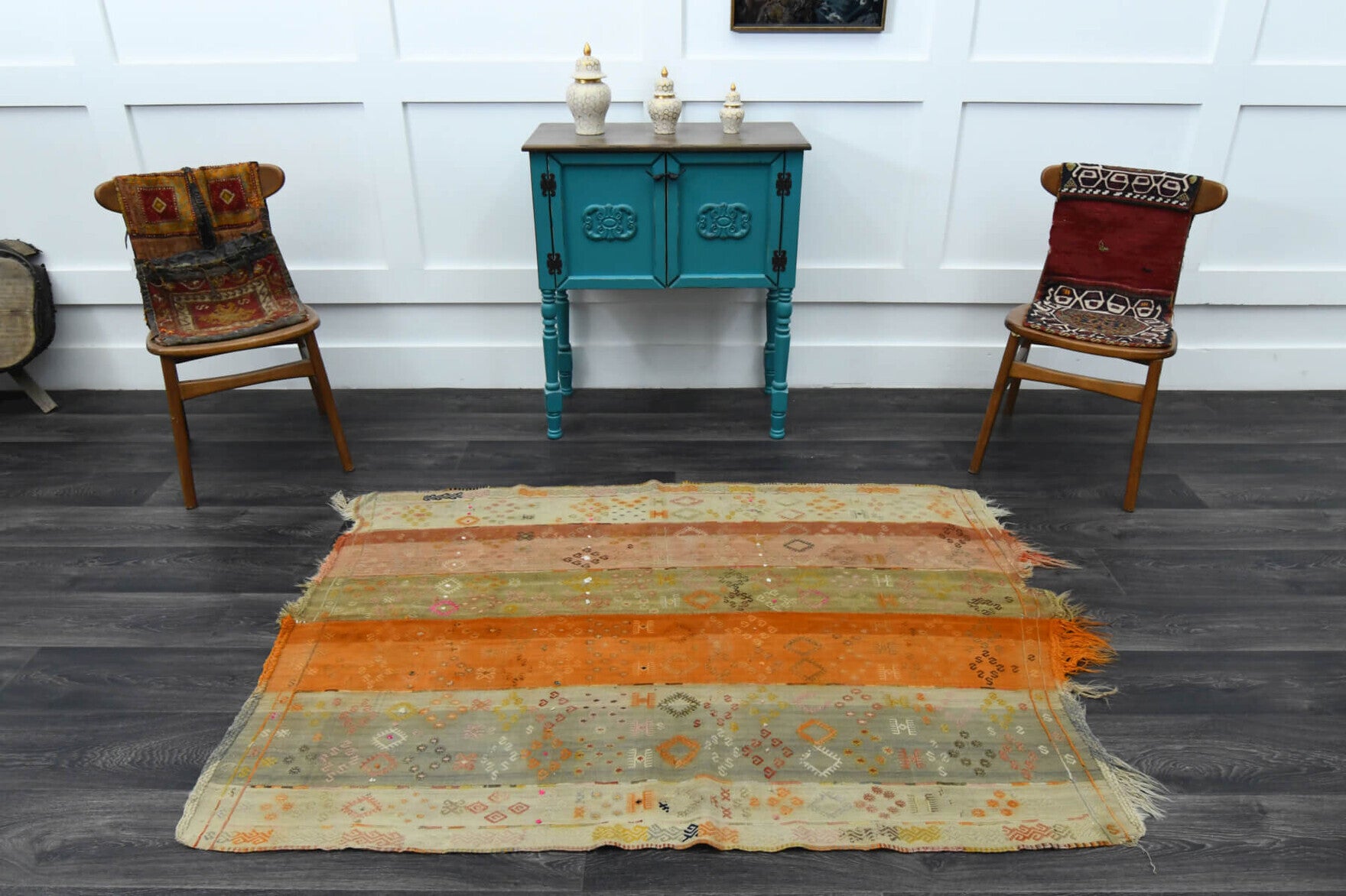 One-of-a-kind 1970s Anatolian vintage kilim rug in wool, 4'1" x 5'9"