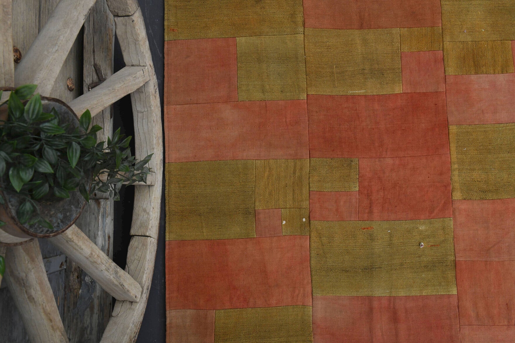 Handmade wool rug from Anatolia, Turkey – Mustard & Peach Patchwork Handmade Vintage Area Rug 3'10" x 6'2"