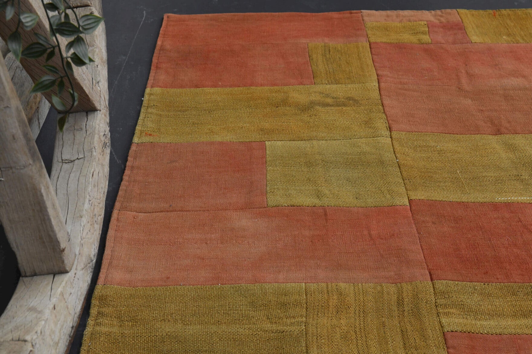 Mustard & Peach Patchwork Handmade Vintage Area Rug in wool – 1960s piece from Anatolia, Turkey | Fame Rugs