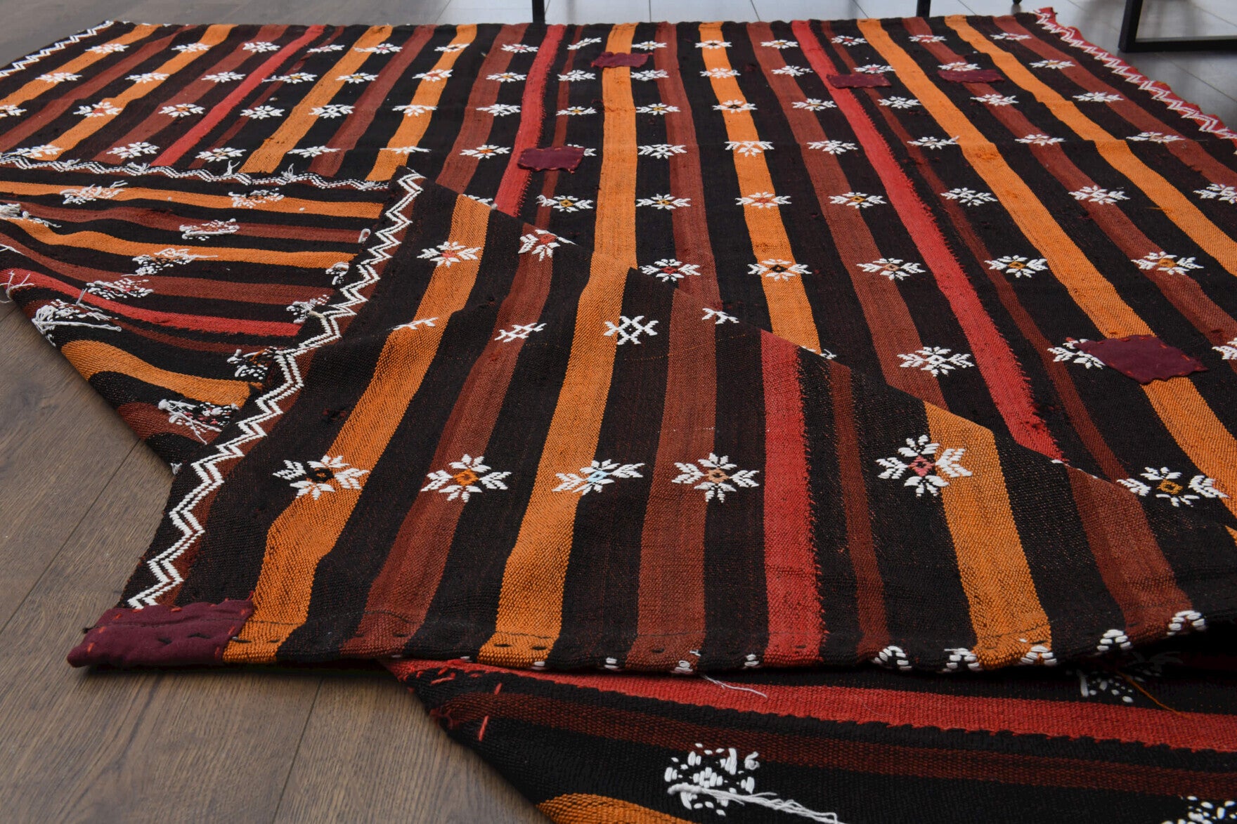 Timodora kilim: 1960s handwoven flatweave Anatolian kilim with ikat motifs