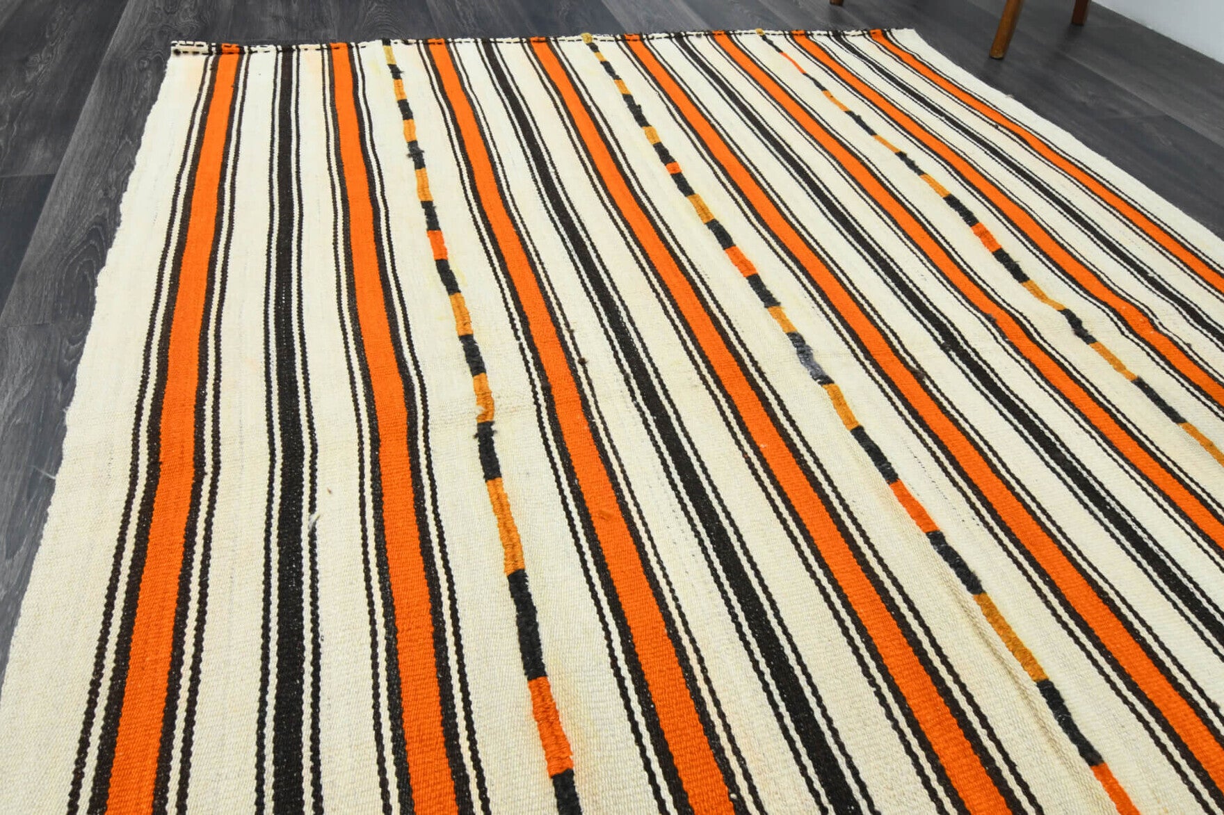Theonassa kilim: 1960s handwoven flatweave Anatolian kilim with striped motifs