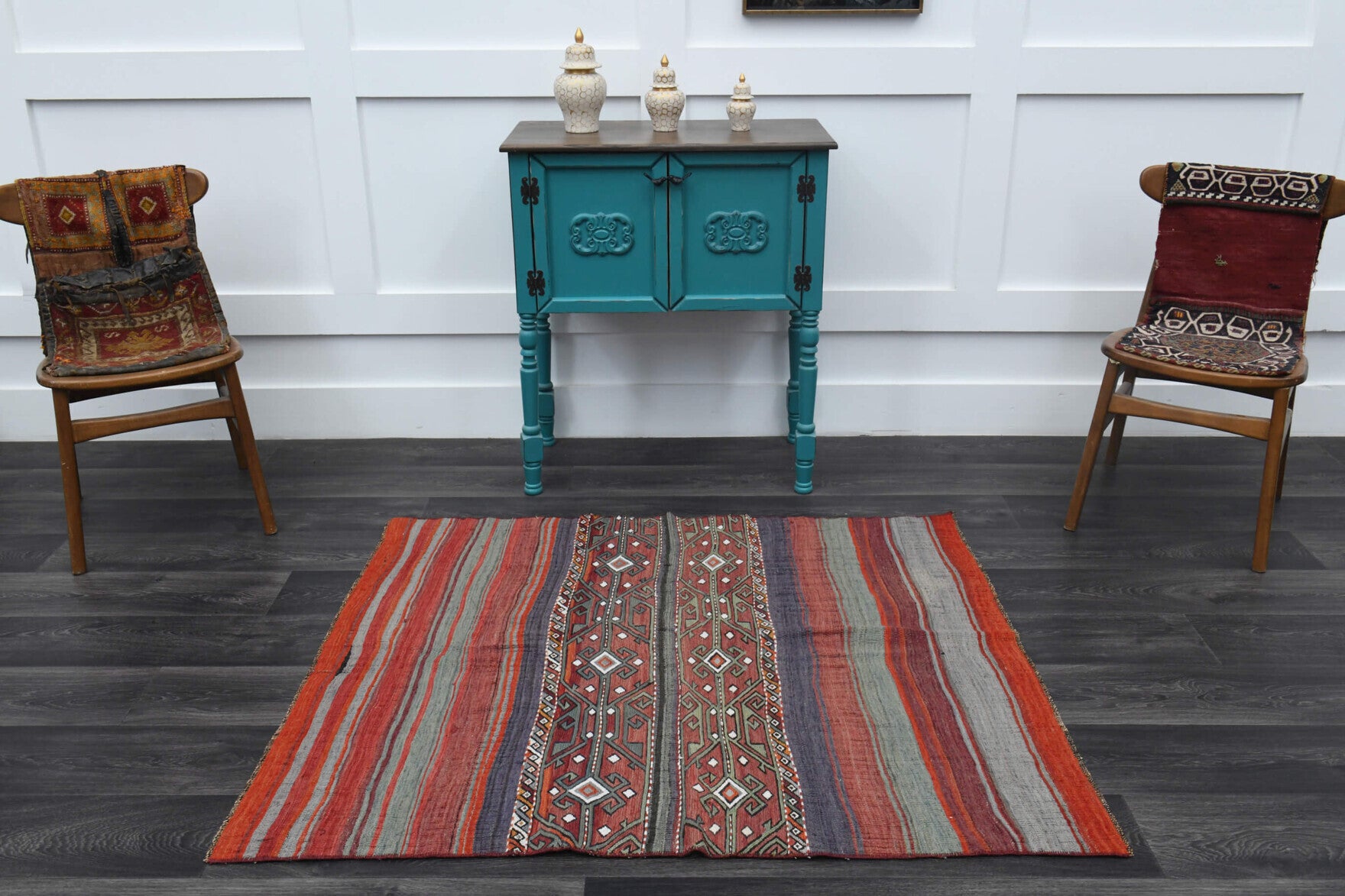 One-of-a-kind 1960s Anatolian vintage kilim rug in wool, 4' x 4'9"