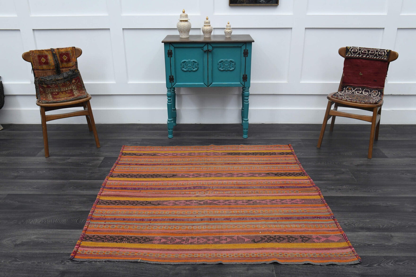 One-of-a-kind 1960s Anatolian vintage kilim rug in wool, 4'11" x 5'