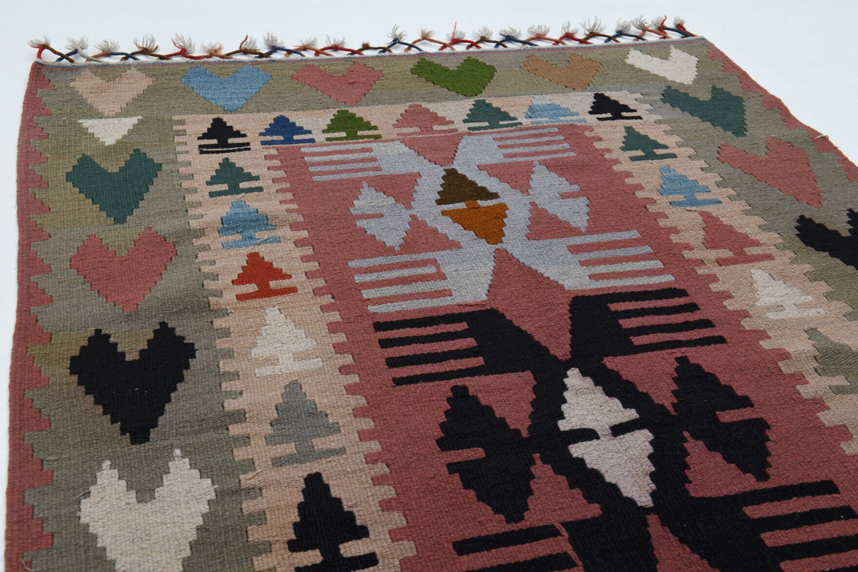 Pervabahce kilim: 1960s handwoven flatweave Anatolian kilim with traditional motifs