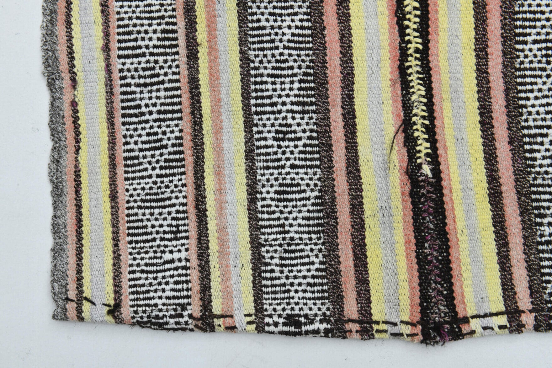 Porphyrorhoe kilim: 1960s handwoven flatweave Anatolian kilim with striped motifs