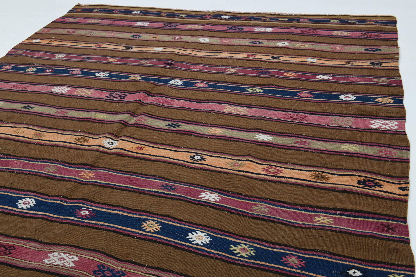 Selvibahce kilim: 1960s handwoven flatweave Anatolian kilim with striped motifs