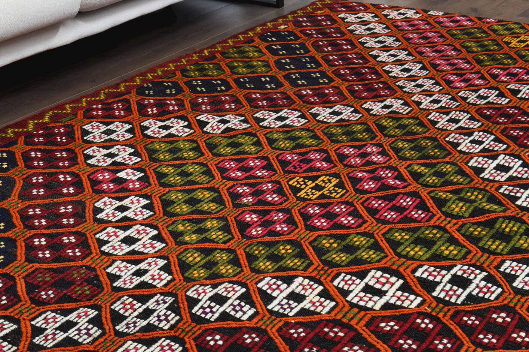Sitaretac kilim: 1960s handwoven flatweave Anatolian kilim with ikat motifs