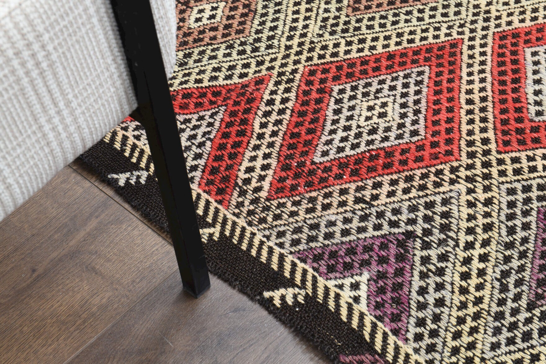 Ahusema kilim: 1960s handwoven flatweave Anatolian kilim with ikat motifs