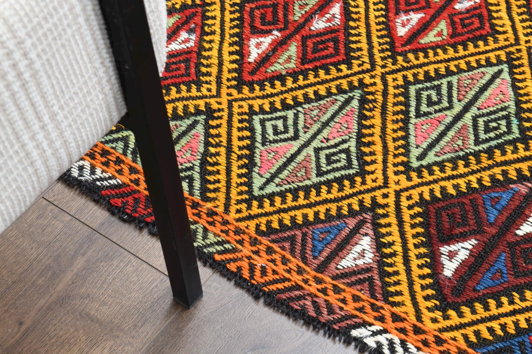 Zeytinsad kilim: 1960s handwoven flatweave Anatolian kilim with ikat motifs