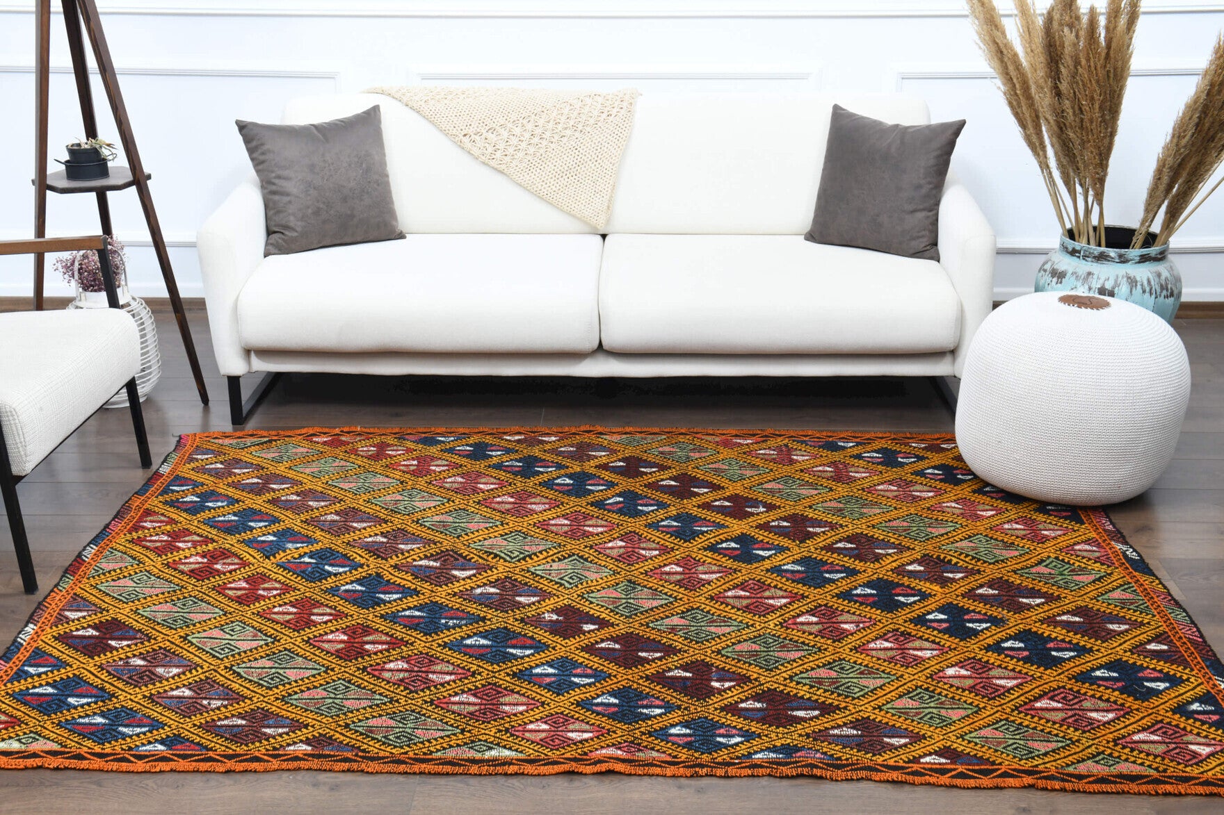 Authentic Anatolian vintage kilim rug (1960s) with ikat design – one-of-a-kind at Fame Rugs