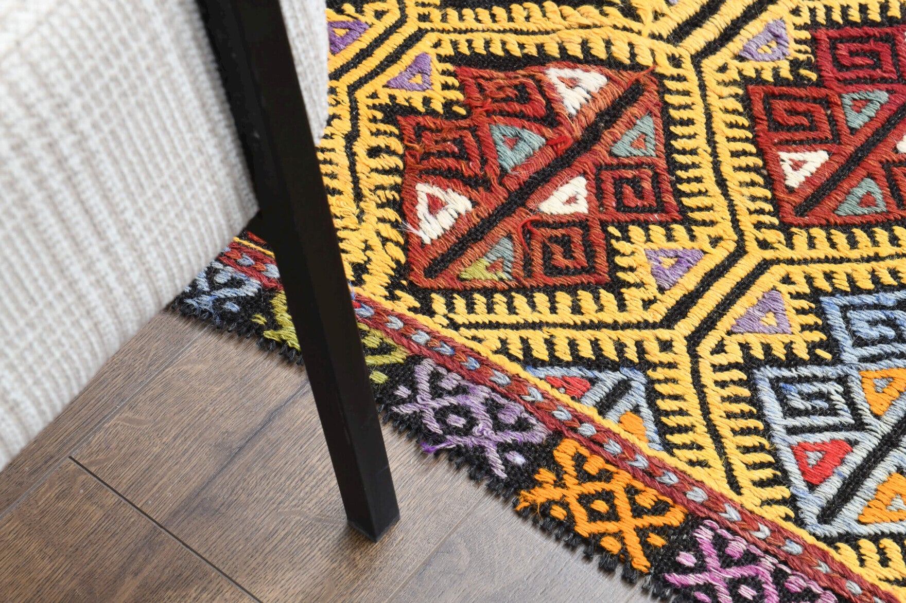 Ayselgul kilim: 1960s handwoven flatweave Anatolian kilim with ikat motifs