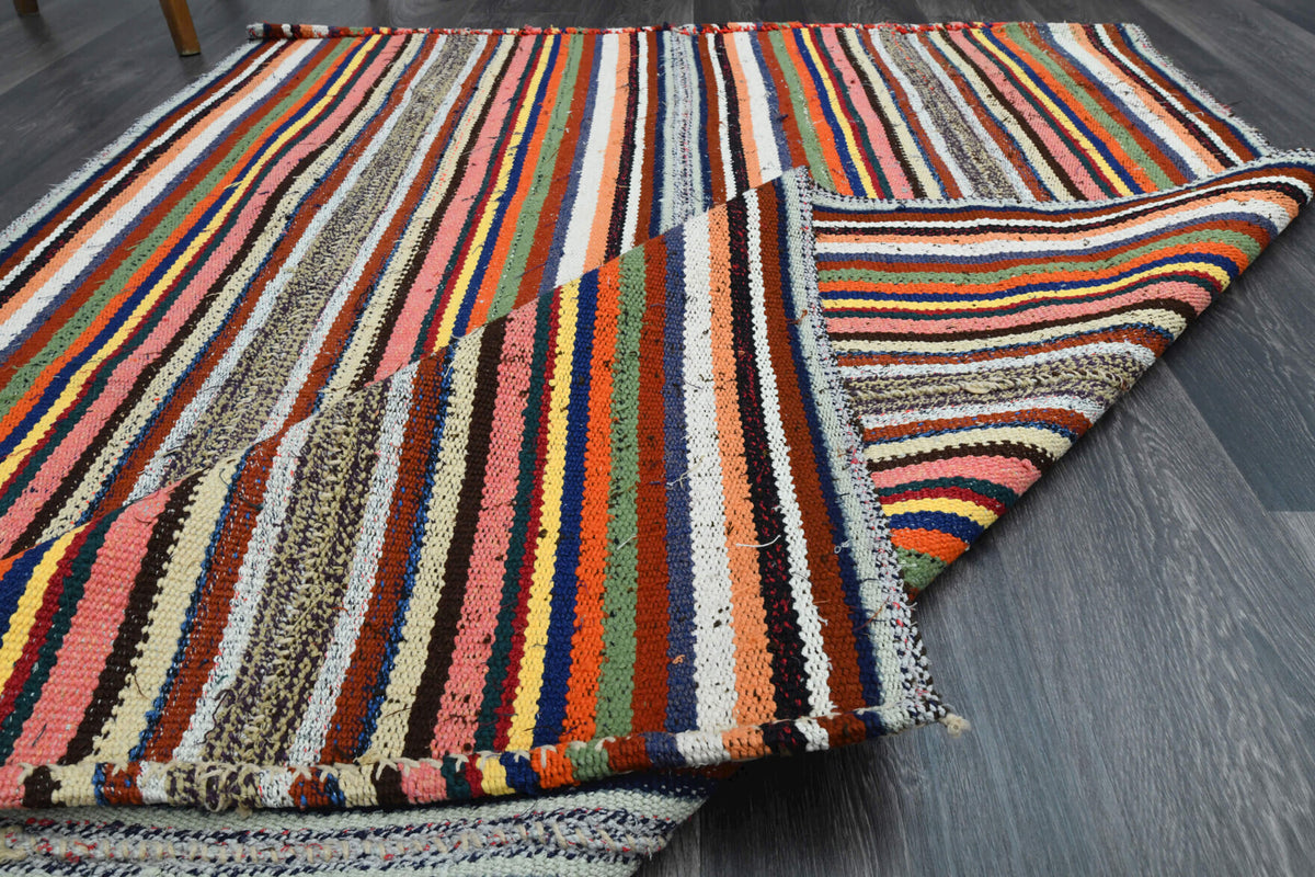 Authentic Anatolian vintage kilim rug (1960s) with striped design – one-of-a-kind at Fame Rugs