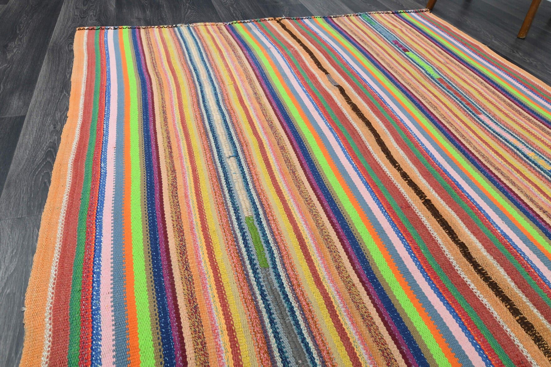 Mercanmelek kilim: 1960s handwoven flatweave Anatolian kilim with striped motifs and cotton backing