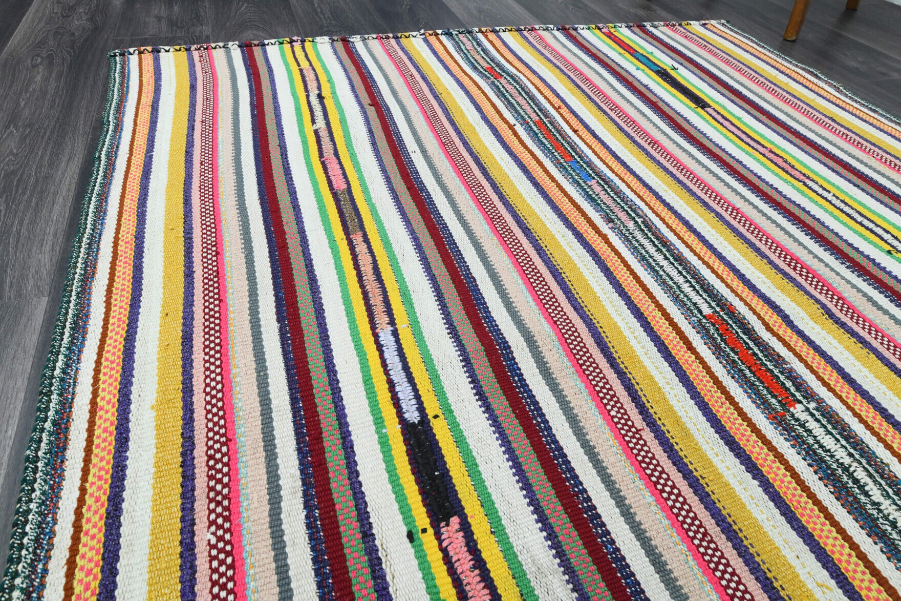 Meltemperi kilim: 1960s handwoven flatweave Anatolian kilim with striped motifs
