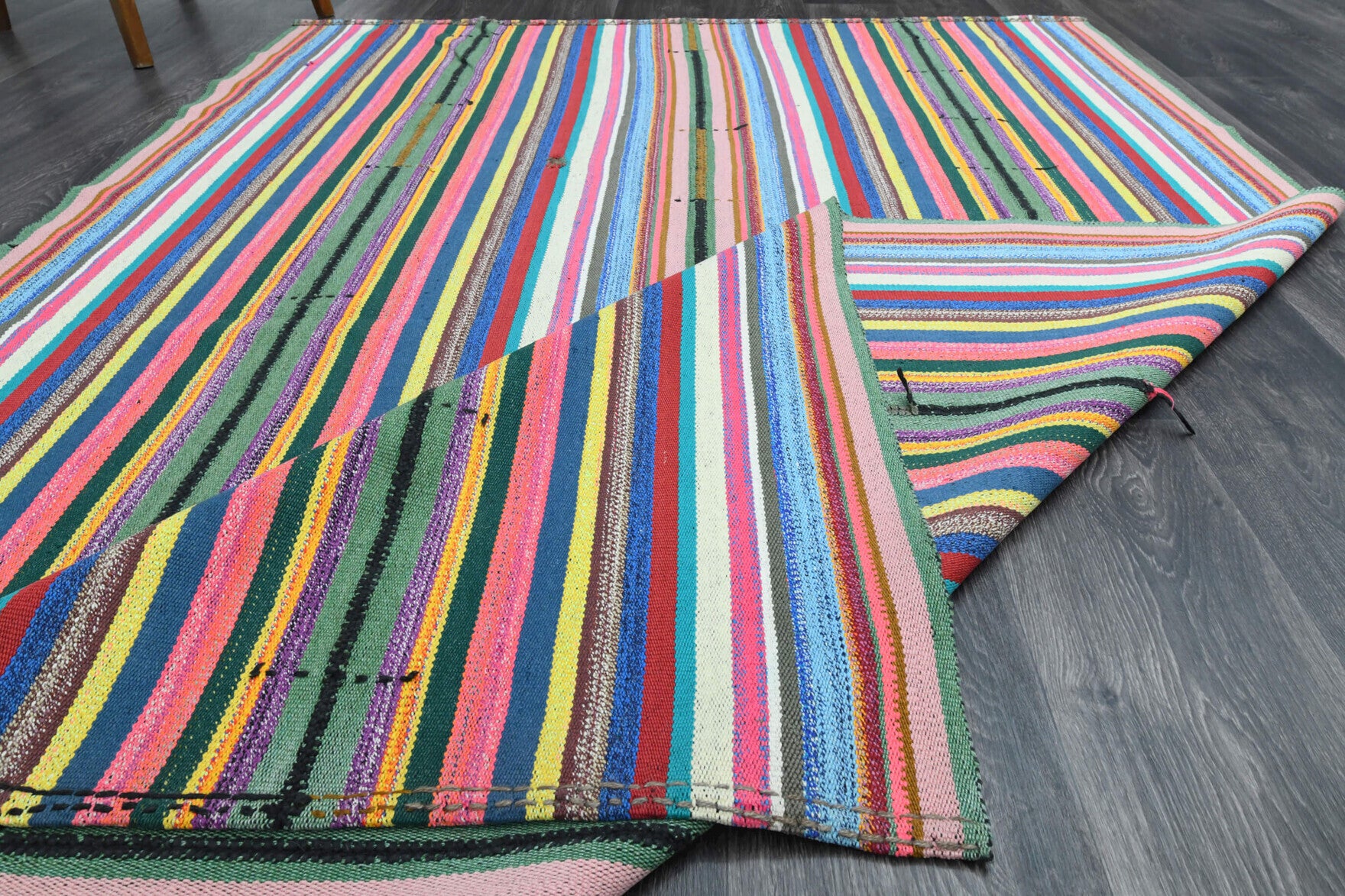 Authentic Anatolian vintage kilim rug (1960s) with striped design – one-of-a-kind at Fame Rugs