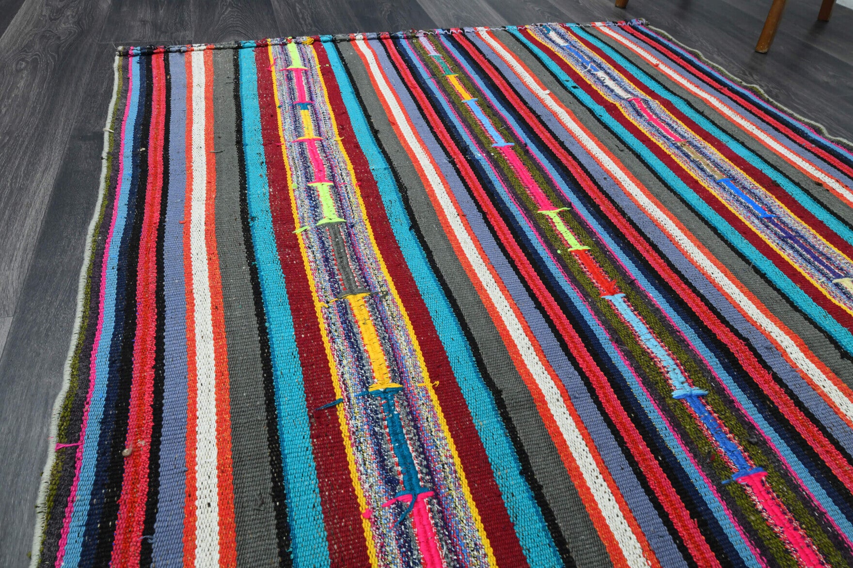Nessel kilim: 1960s handwoven flatweave Anatolian kilim with striped motifs and cotton backing