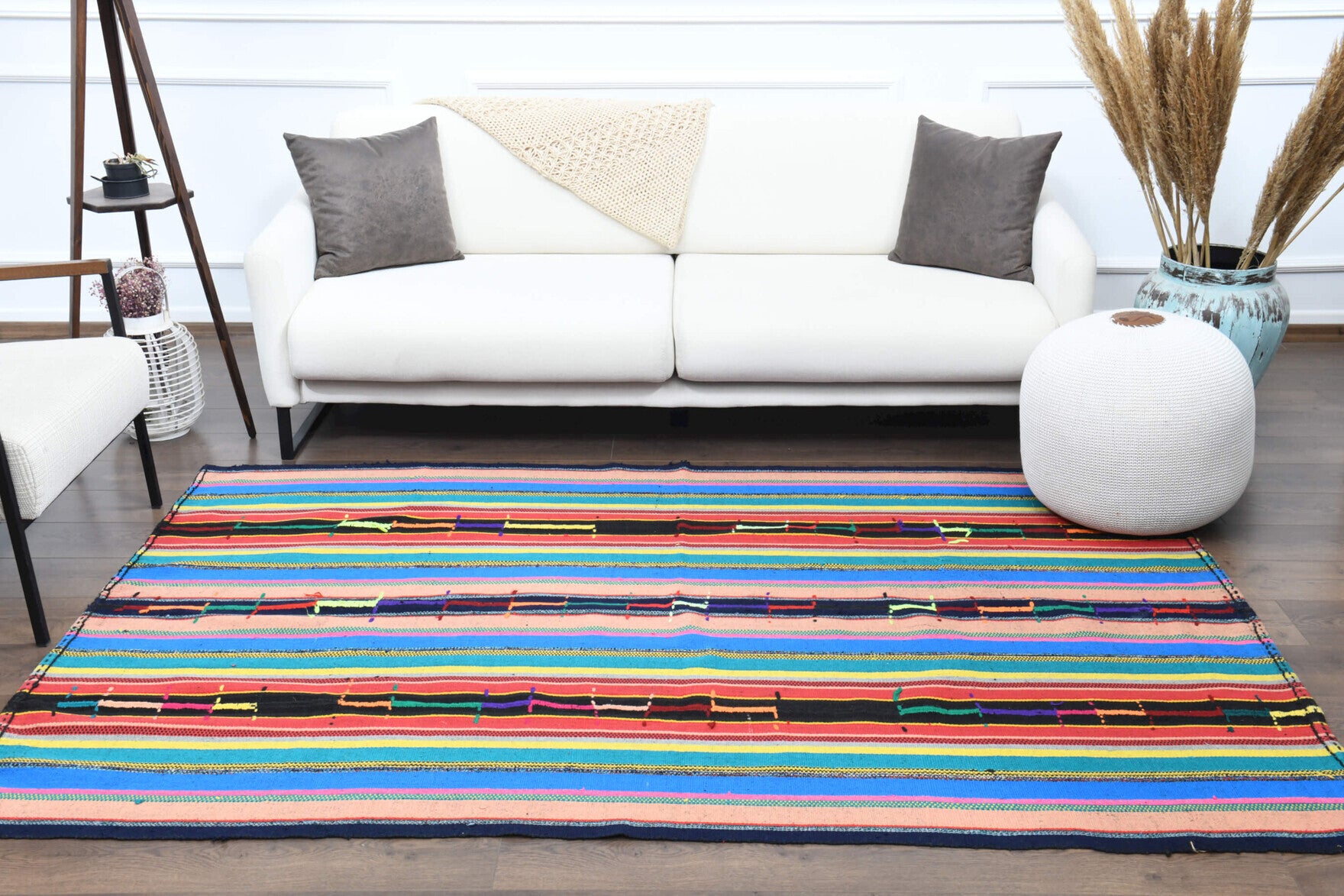 Authentic Anatolian vintage kilim rug (1960s) with striped design – one-of-a-kind at Fame Rugs
