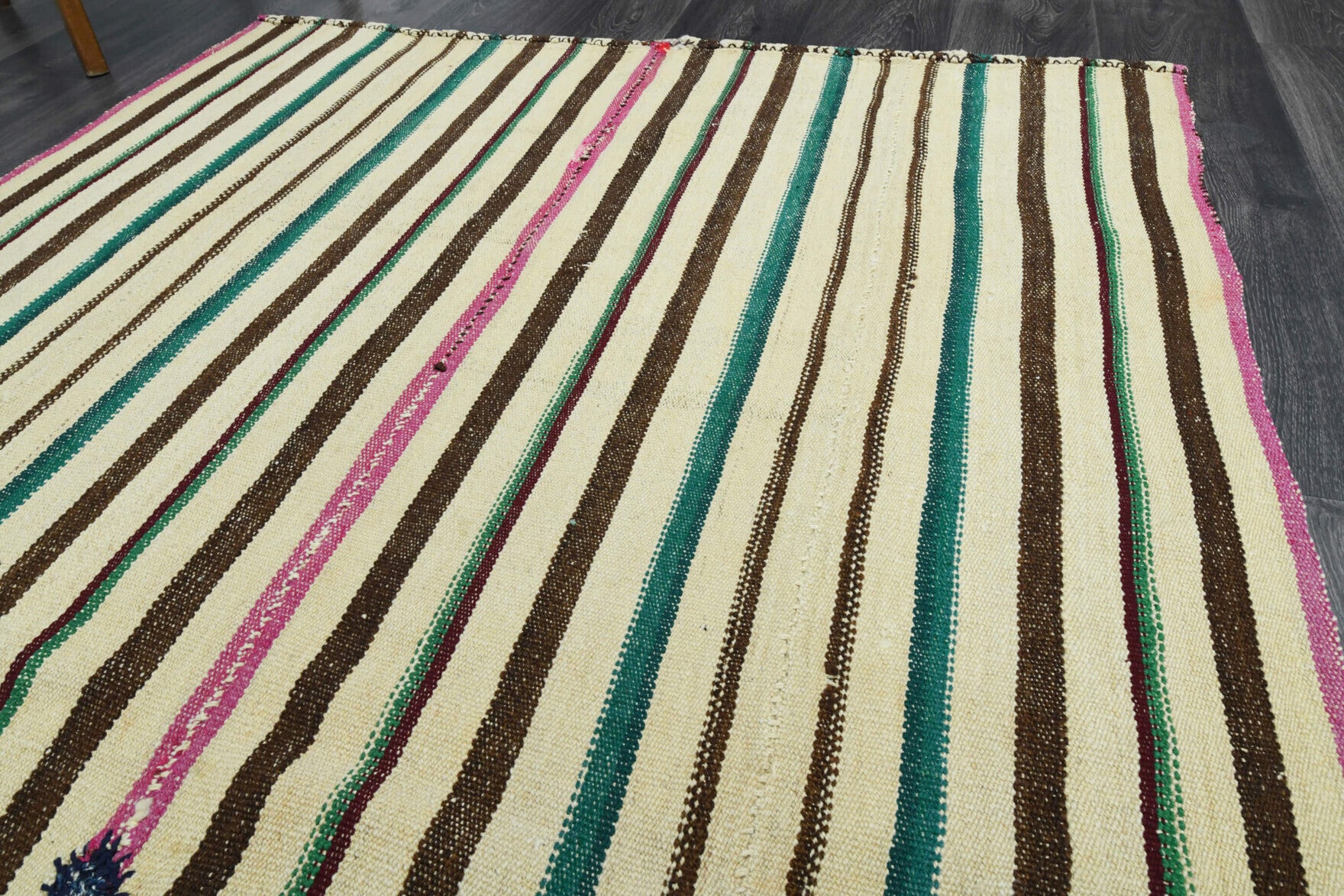 Parvaneh kilim: 1960s handwoven flatweave Anatolian kilim with striped motifs