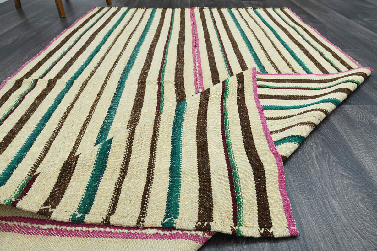 Parvaneh – vintage striped kilim for living room or bedroom, 4'6" x 7'3" (137x221 cm)