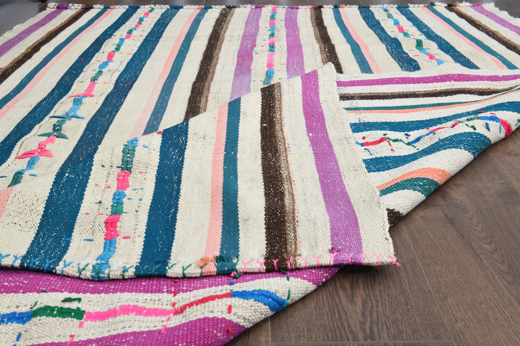 Phaenokome kilim: 1960s handwoven flatweave Anatolian kilim with striped motifs and fabric backing