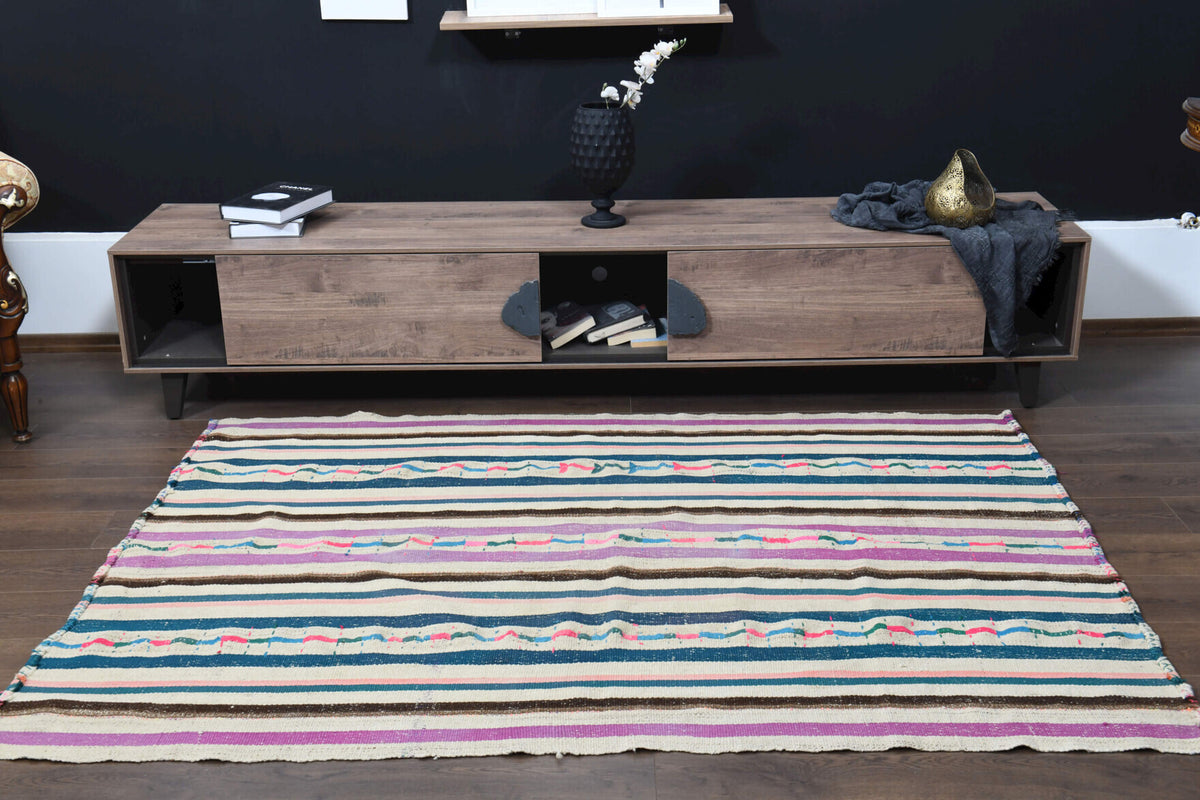 Authentic Anatolian vintage kilim rug (1960s) with striped design – one-of-a-kind at Fame Rugs