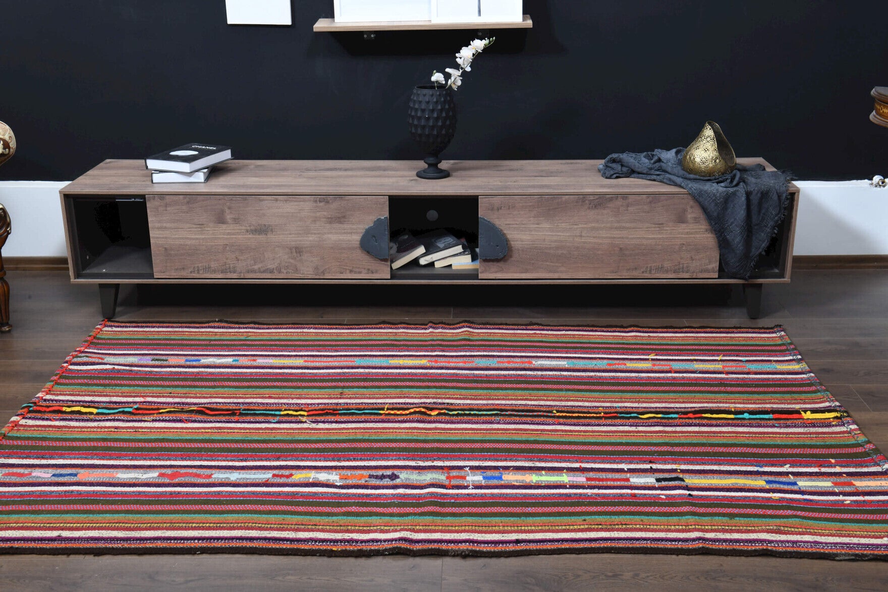 Authentic Anatolian vintage kilim rug (1960s) with striped design – one-of-a-kind at Fame Rugs