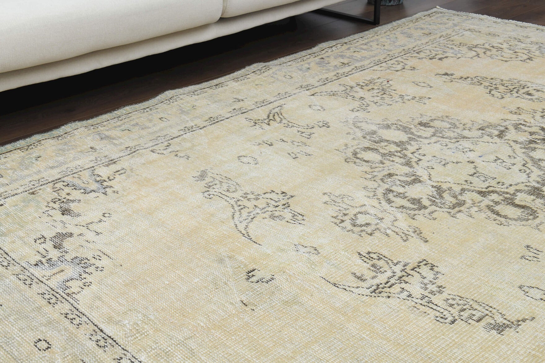 One-of-a-kind 1930s Anatolian antique washed vintage area rug in wool, 7'1" x 9'6"