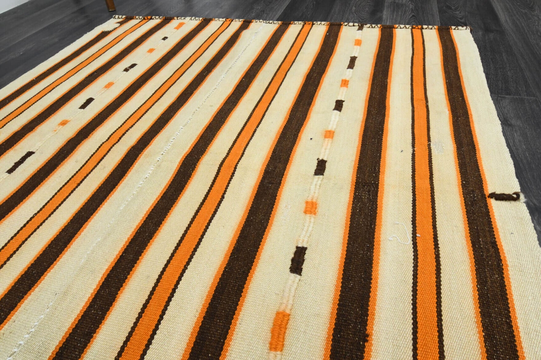 Sirince kilim: 1960s handwoven flatweave Anatolian kilim with striped motifs