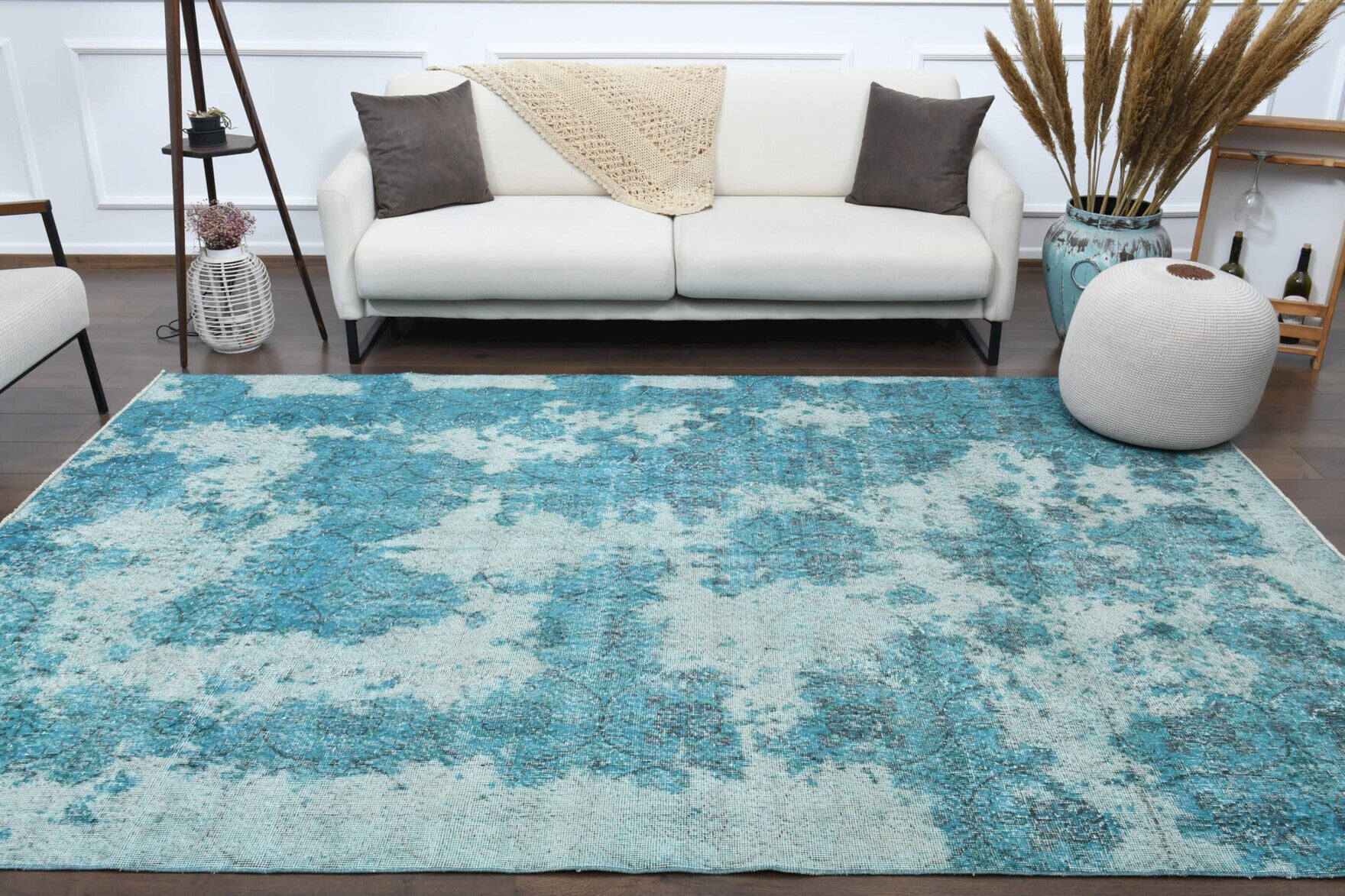 Distressed Blue Oushak Vintage Area Rug