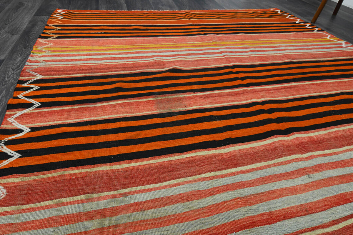 Denizmelek kilim: 1960s handwoven flatweave Anatolian kilim with striped motifs