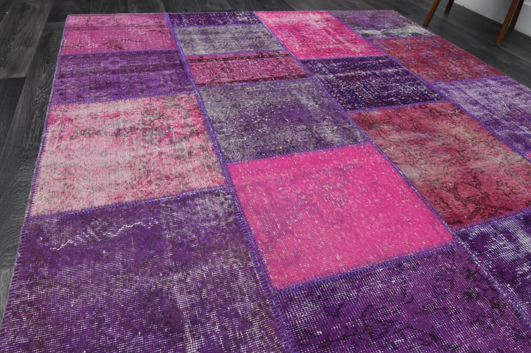 Cilek rug: 1980s handmade Anatolian rug with solid motifs and fabric backing