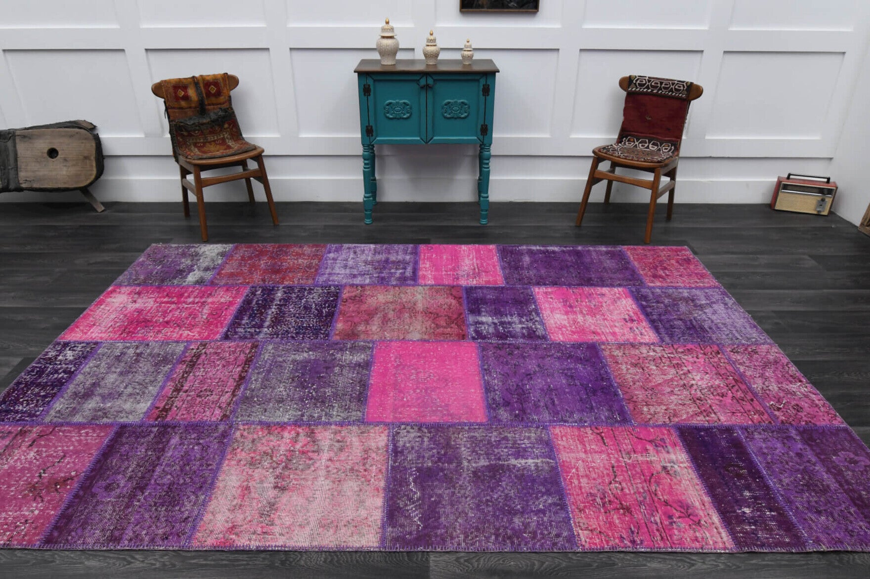 200x303 cm vintage patchwork Anatolian area rug – Cilek, low pile, wool
