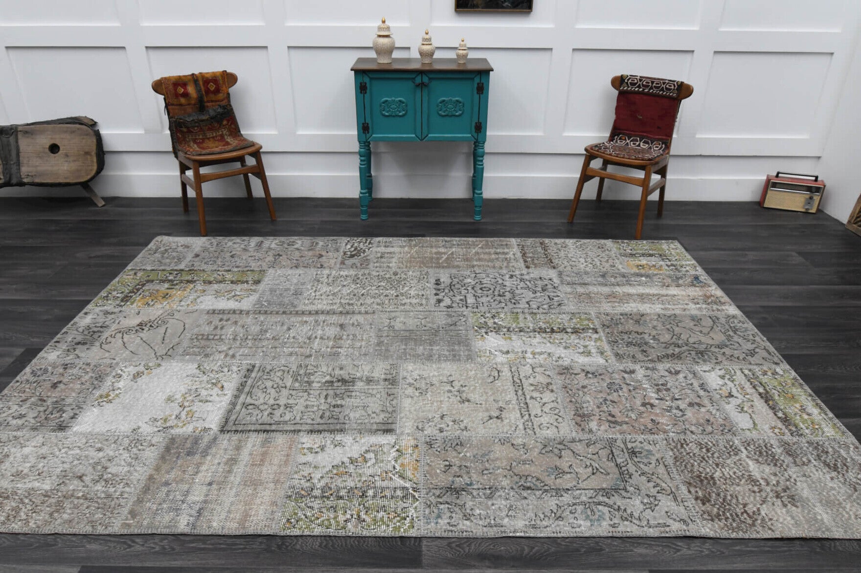 202x302 cm vintage patchwork Anatolian area rug – Cicimgul, low pile, wool