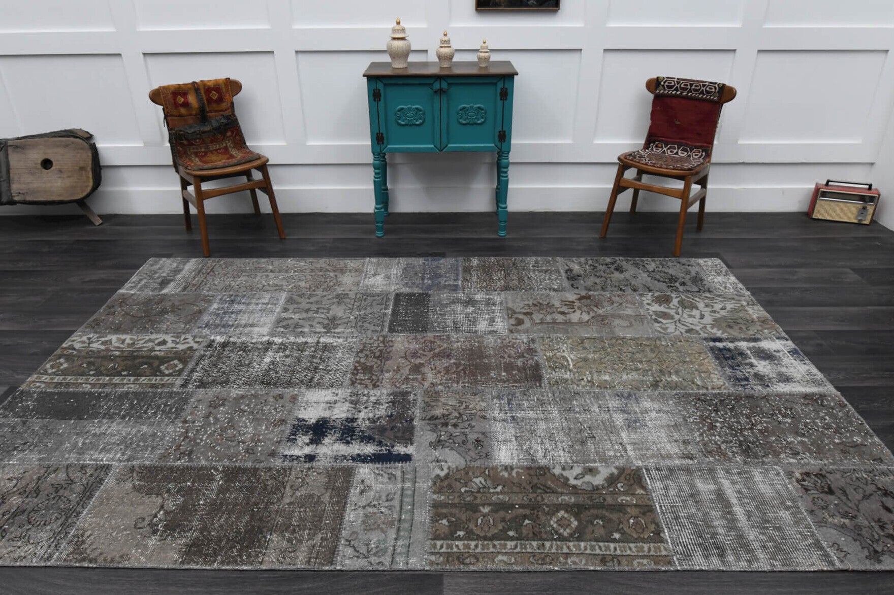 190x305 cm vintage patchwork Anatolian area rug – Chrysophile, low pile, wool