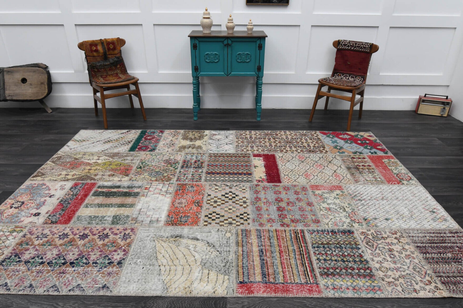 One-of-a-kind 1970s Anatolian vintage patchwork area rug in wool, 6'6" x 9'10"